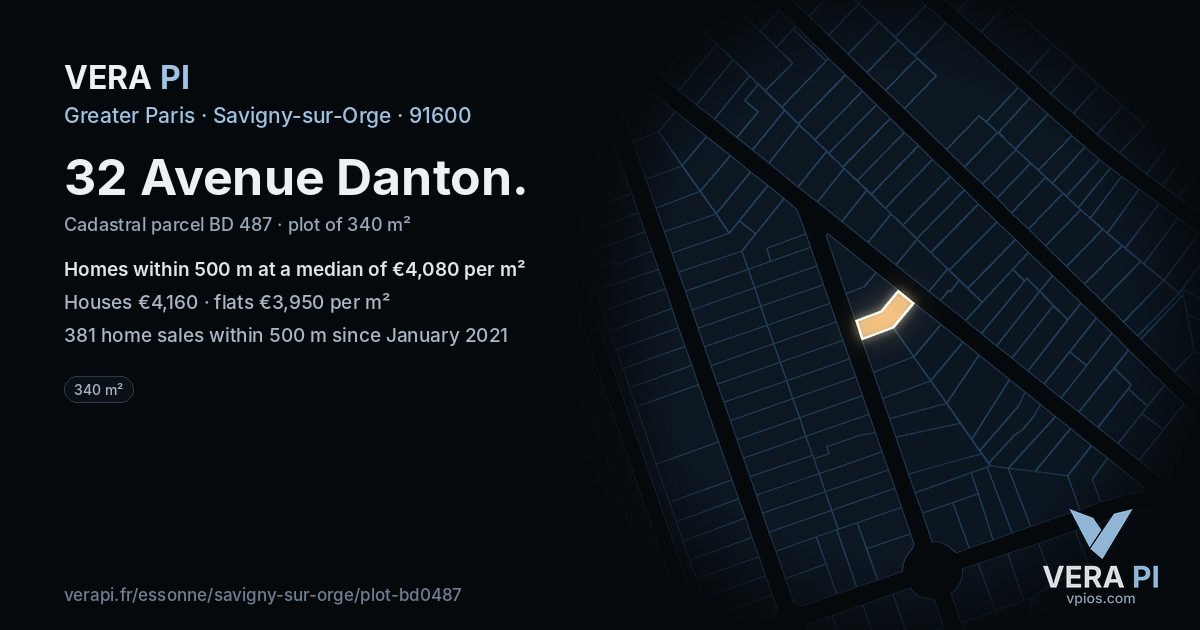 32 Avenue Danton, Savigny-sur-Orge at night – the plot lit, the parcels around coloured by the prices near them