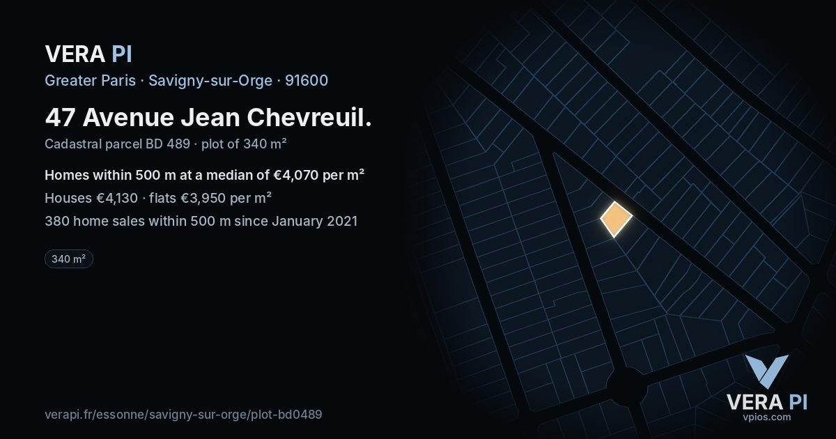 47 Avenue Jean Chevreuil, Savigny-sur-Orge at night – the plot lit, the parcels around coloured by the prices near them