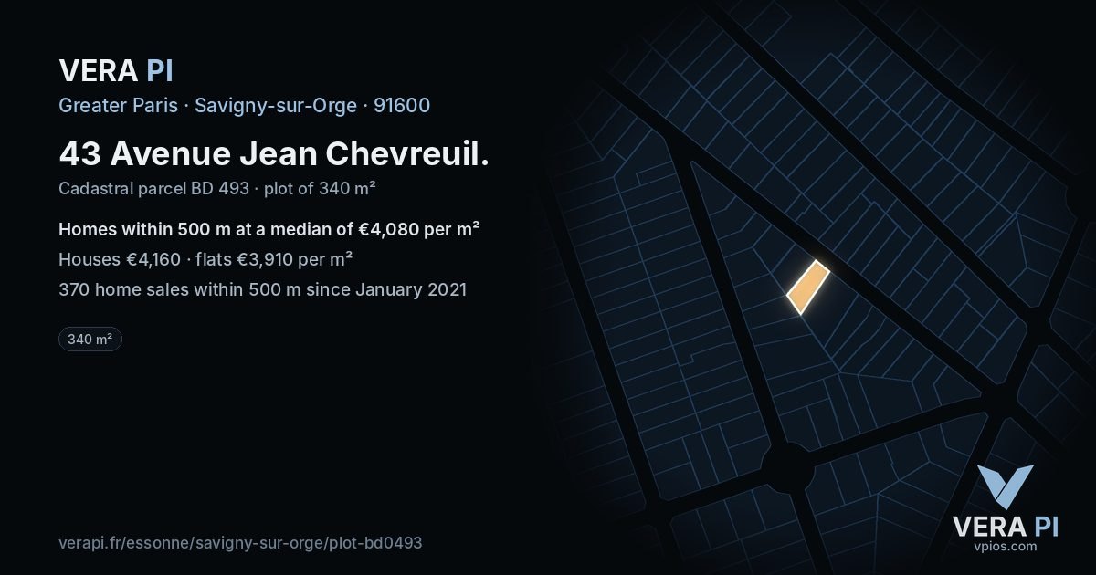 43 Avenue Jean Chevreuil, Savigny-sur-Orge at night – the plot lit, the parcels around coloured by the prices near them