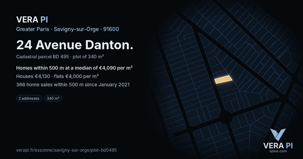 24 Avenue Danton, Savigny-sur-Orge at night – the plot lit, the parcels around coloured by the prices near them