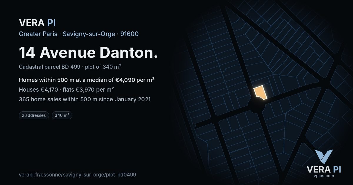 14 Avenue Danton, Savigny-sur-Orge at night – the plot lit, the parcels around coloured by the prices near them