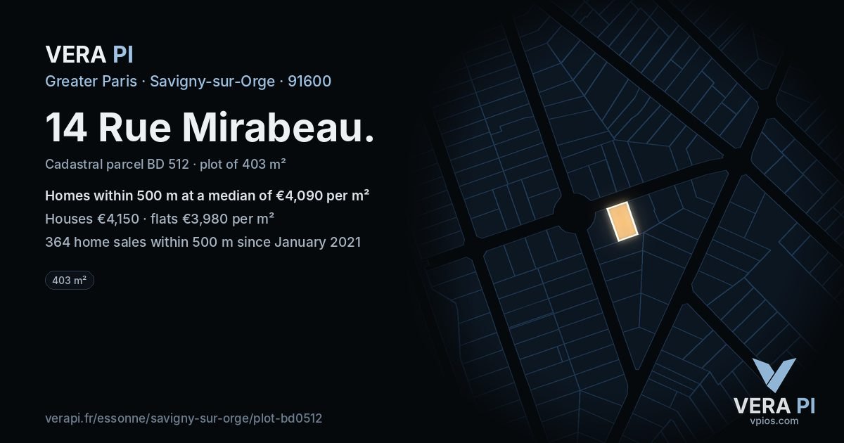 14 Rue Mirabeau, Savigny-sur-Orge at night – the plot lit, the parcels around coloured by the prices near them