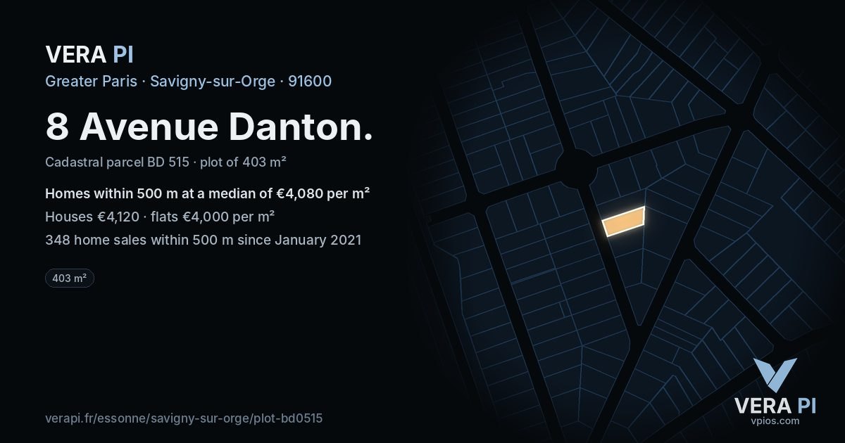 8 Avenue Danton, Savigny-sur-Orge at night – the plot lit, the parcels around coloured by the prices near them