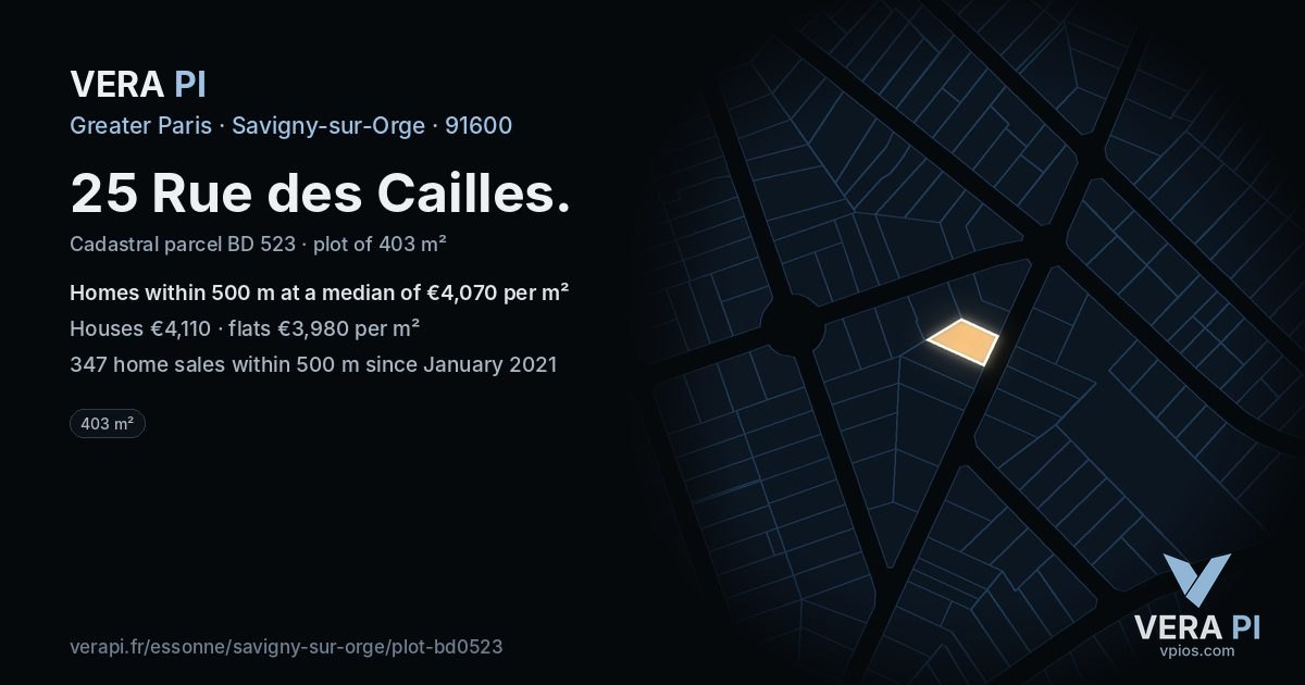 25 Rue des Cailles, Savigny-sur-Orge at night – the plot lit, the parcels around coloured by the prices near them