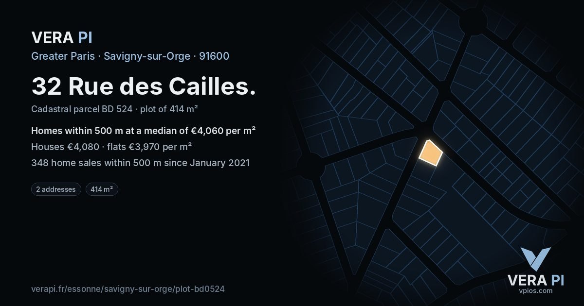 32 Rue des Cailles, Savigny-sur-Orge at night – the plot lit, the parcels around coloured by the prices near them