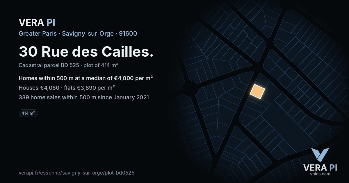 30 Rue des Cailles, Savigny-sur-Orge at night – the plot lit, the parcels around coloured by the prices near them