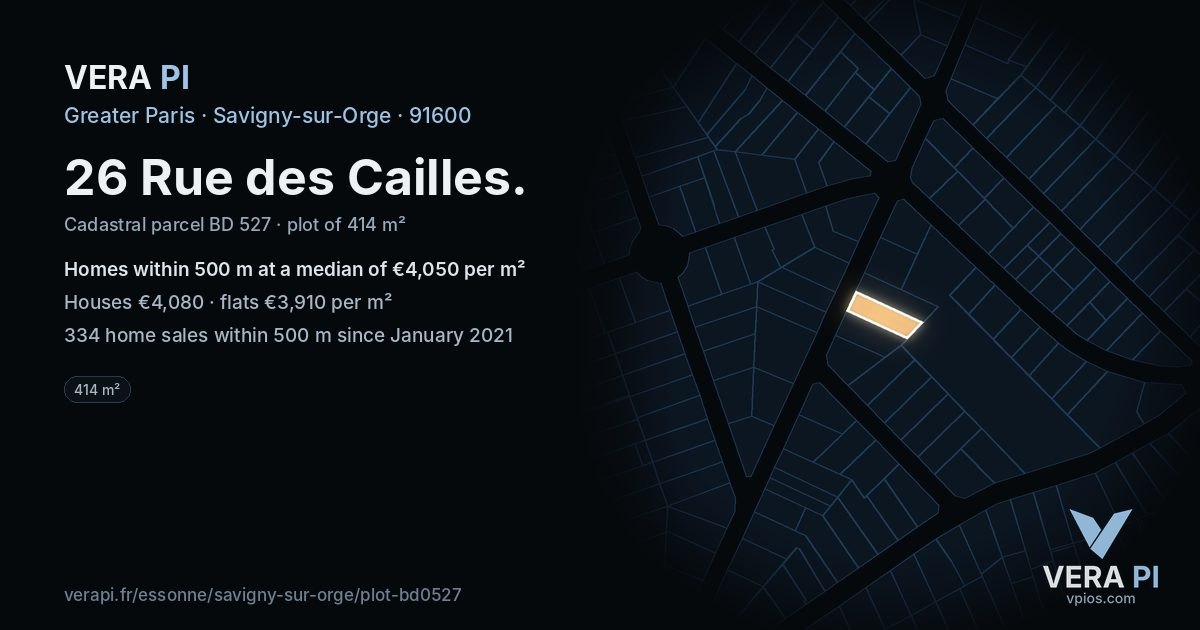 26 Rue des Cailles, Savigny-sur-Orge at night – the plot lit, the parcels around coloured by the prices near them