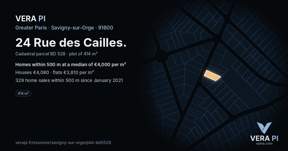 24 Rue des Cailles, Savigny-sur-Orge at night – the plot lit, the parcels around coloured by the prices near them