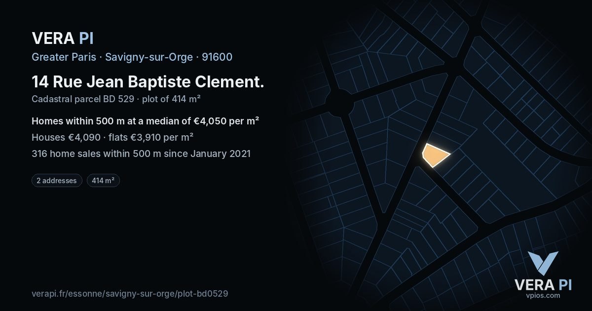 14 Rue Jean Baptiste Clement, Savigny-sur-Orge at night – the plot lit, the parcels around coloured by the prices near them