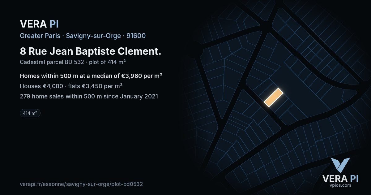 8 Rue Jean Baptiste Clement, Savigny-sur-Orge at night – the plot lit, the parcels around coloured by the prices near them