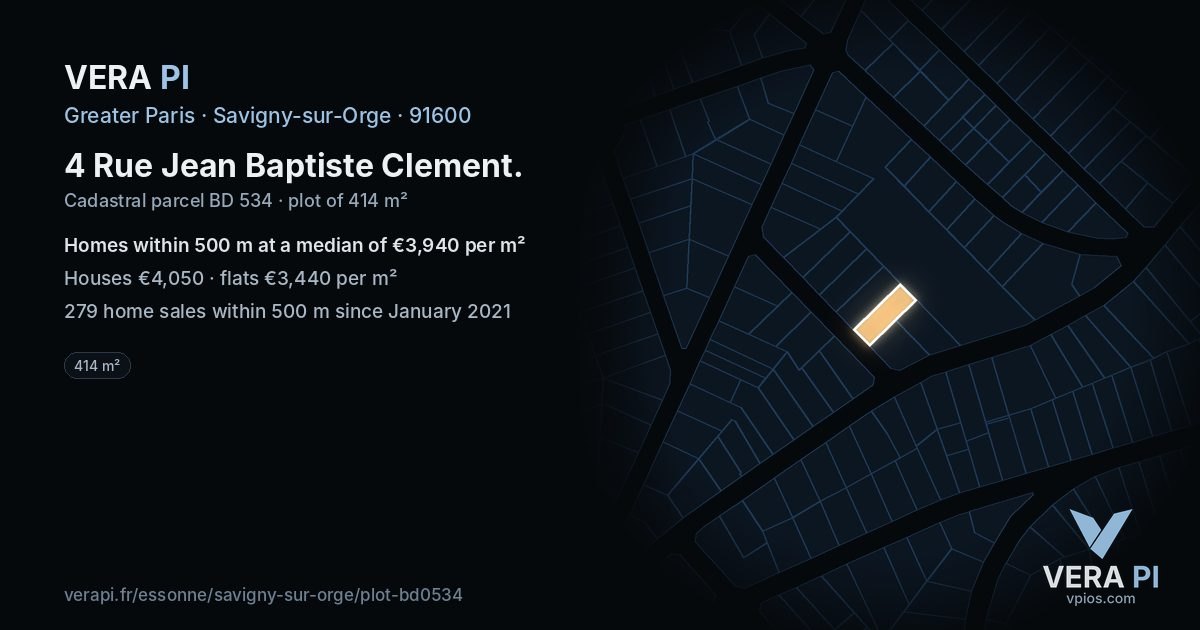 4 Rue Jean Baptiste Clement, Savigny-sur-Orge at night – the plot lit, the parcels around coloured by the prices near them