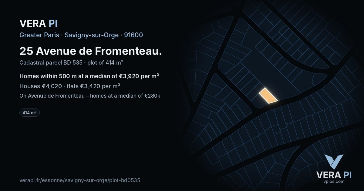 25 Avenue de Fromenteau, Savigny-sur-Orge at night – the plot lit, the parcels around coloured by the prices near them