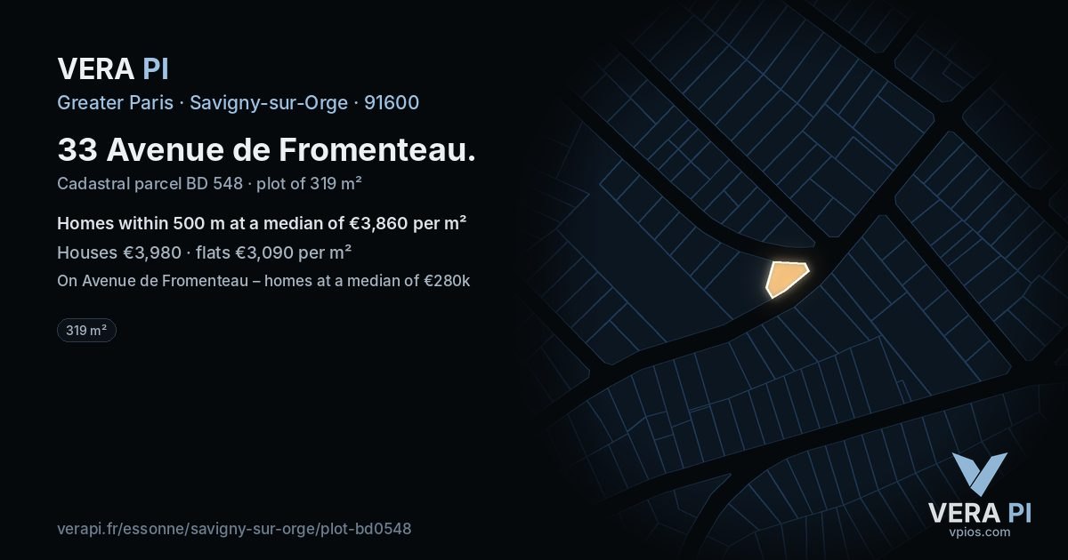 33 Avenue de Fromenteau, Savigny-sur-Orge at night – the plot lit, the parcels around coloured by the prices near them