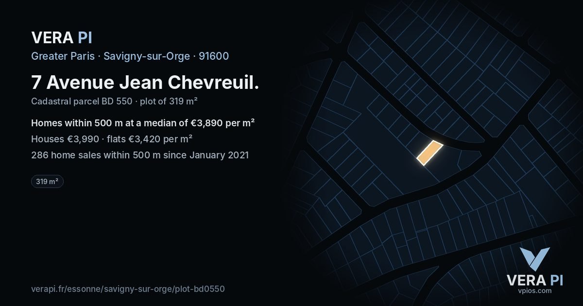 7 Avenue Jean Chevreuil, Savigny-sur-Orge at night – the plot lit, the parcels around coloured by the prices near them