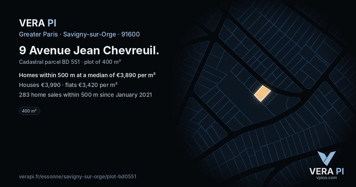 9 Avenue Jean Chevreuil, Savigny-sur-Orge at night – the plot lit, the parcels around coloured by the prices near them