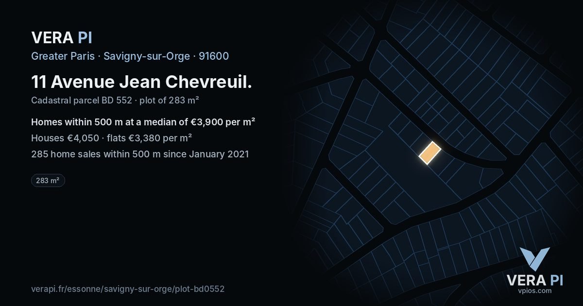 11 Avenue Jean Chevreuil, Savigny-sur-Orge at night – the plot lit, the parcels around coloured by the prices near them