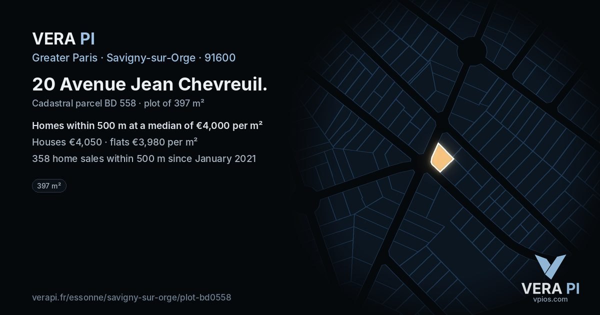 20 Avenue Jean Chevreuil, Savigny-sur-Orge at night – the plot lit, the parcels around coloured by the prices near them