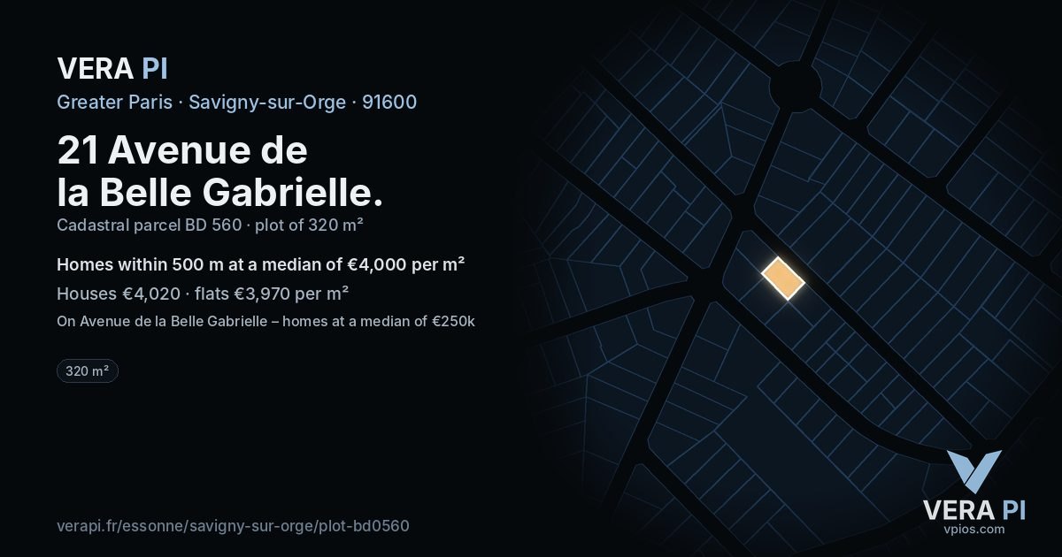21 Avenue de la Belle Gabrielle, Savigny-sur-Orge at night – the plot lit, the parcels around coloured by the prices near them