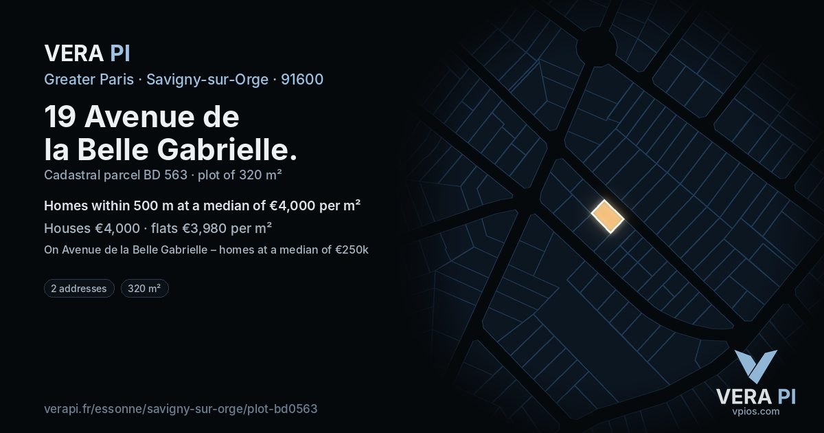19 Avenue de la Belle Gabrielle, Savigny-sur-Orge at night – the plot lit, the parcels around coloured by the prices near them