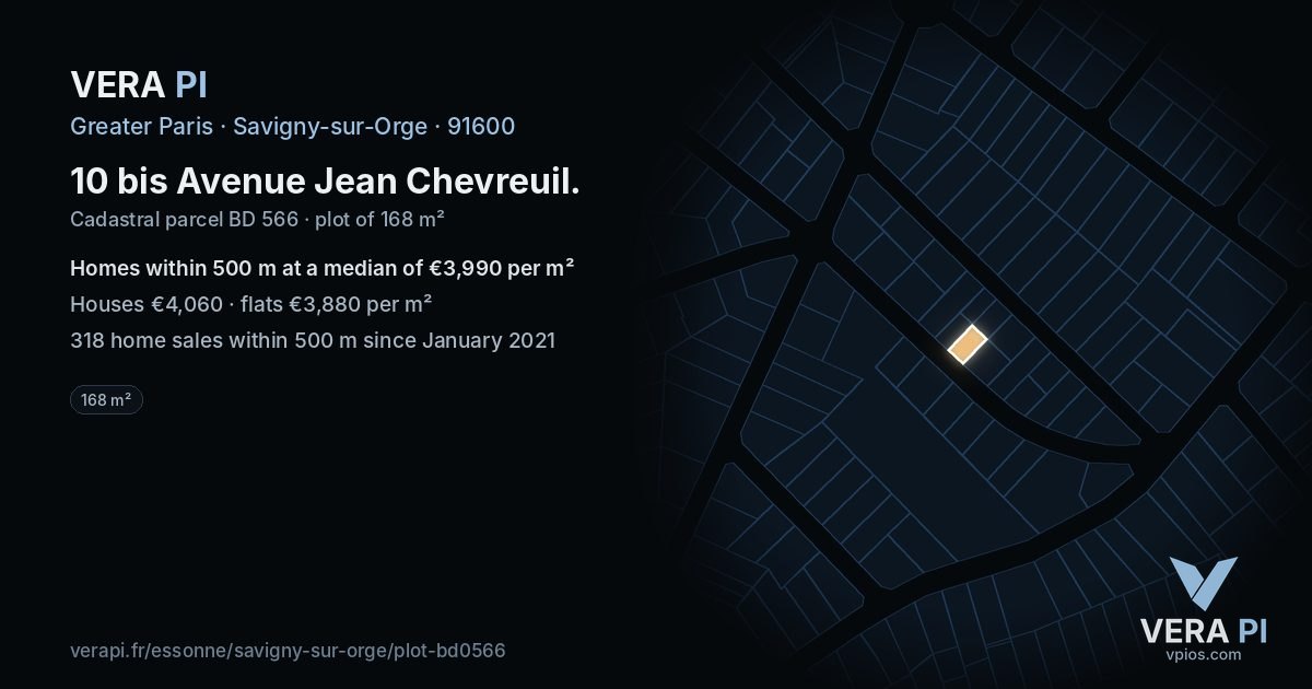 10 bis Avenue Jean Chevreuil, Savigny-sur-Orge at night – the plot lit, the parcels around coloured by the prices near them