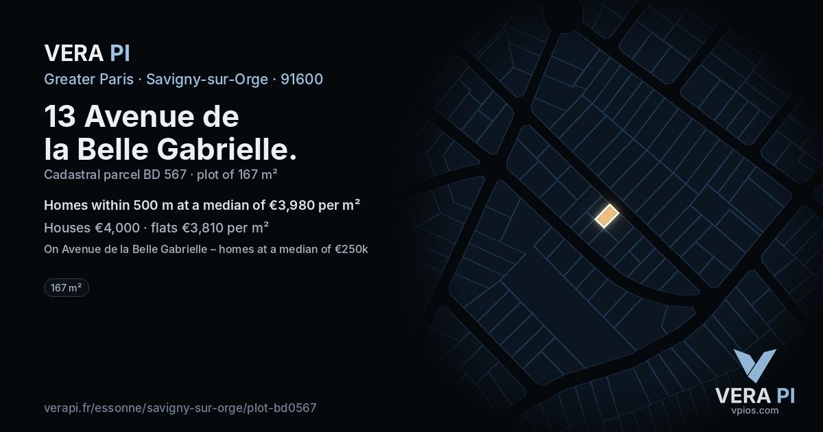 13 Avenue de la Belle Gabrielle, Savigny-sur-Orge at night – the plot lit, the parcels around coloured by the prices near them