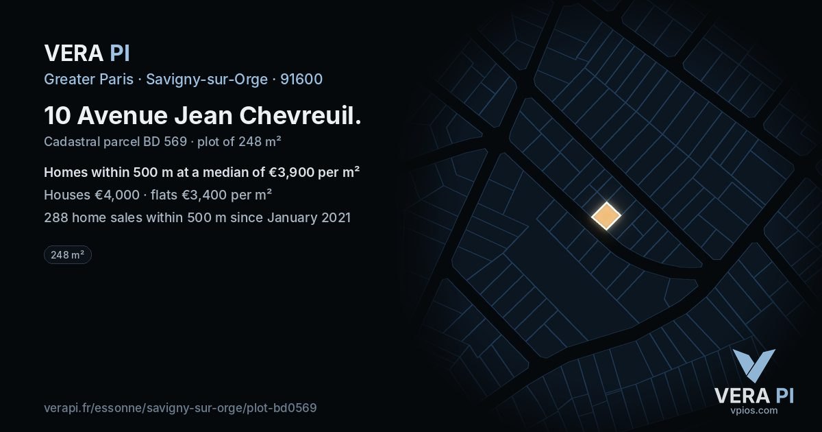 10 Avenue Jean Chevreuil, Savigny-sur-Orge at night – the plot lit, the parcels around coloured by the prices near them