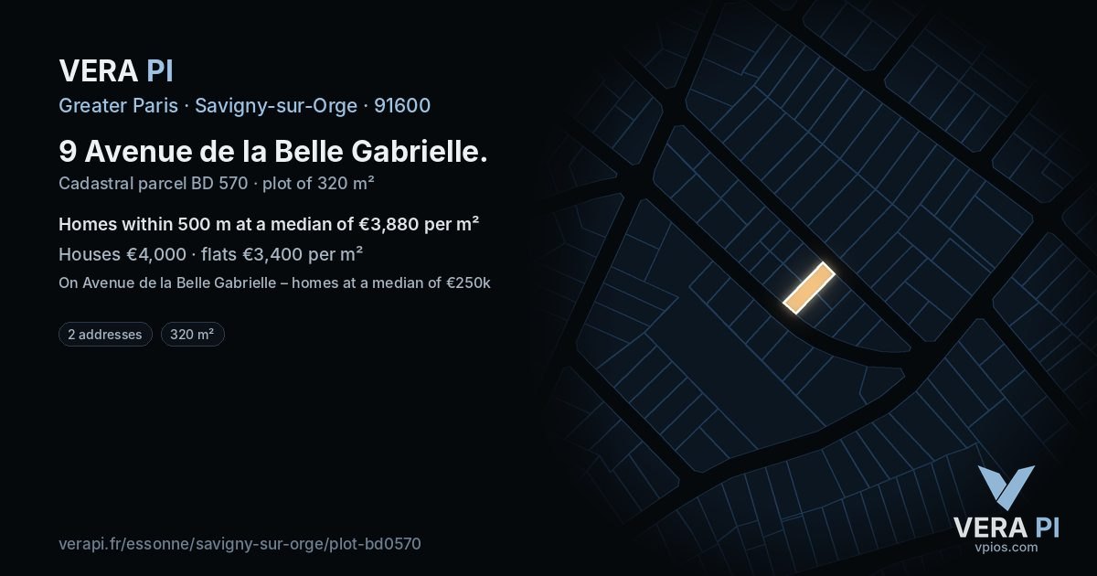 9 Avenue de la Belle Gabrielle, Savigny-sur-Orge at night – the plot lit, the parcels around coloured by the prices near them