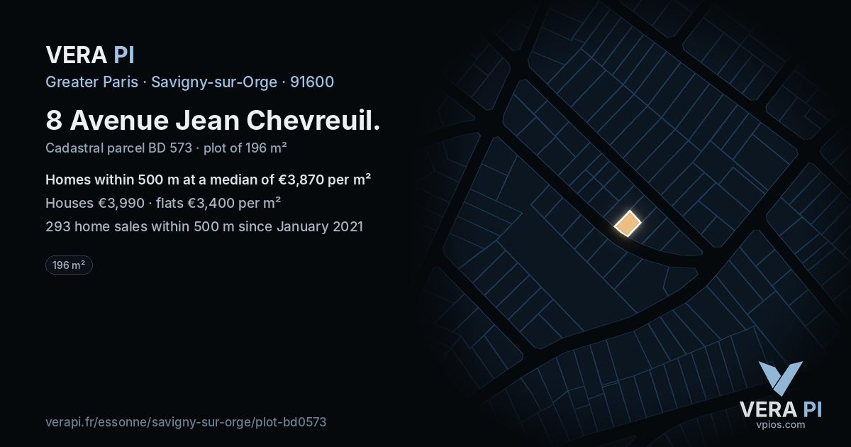 8 Avenue Jean Chevreuil, Savigny-sur-Orge at night – the plot lit, the parcels around coloured by the prices near them