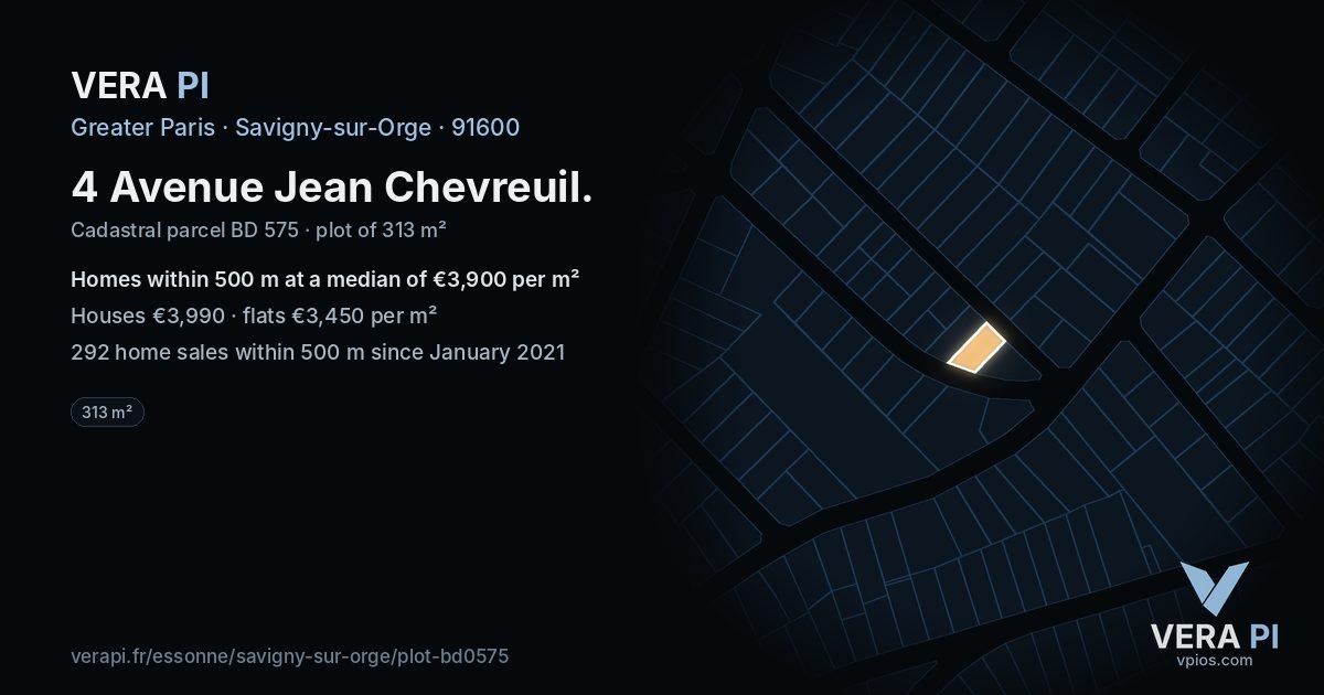 4 Avenue Jean Chevreuil, Savigny-sur-Orge at night – the plot lit, the parcels around coloured by the prices near them