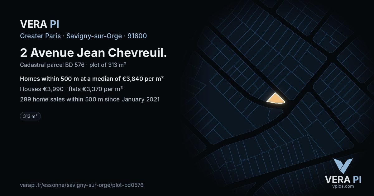 2 Avenue Jean Chevreuil, Savigny-sur-Orge at night – the plot lit, the parcels around coloured by the prices near them