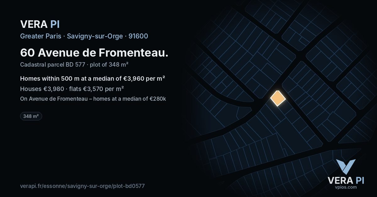60 Avenue de Fromenteau, Savigny-sur-Orge at night – the plot lit, the parcels around coloured by the prices near them