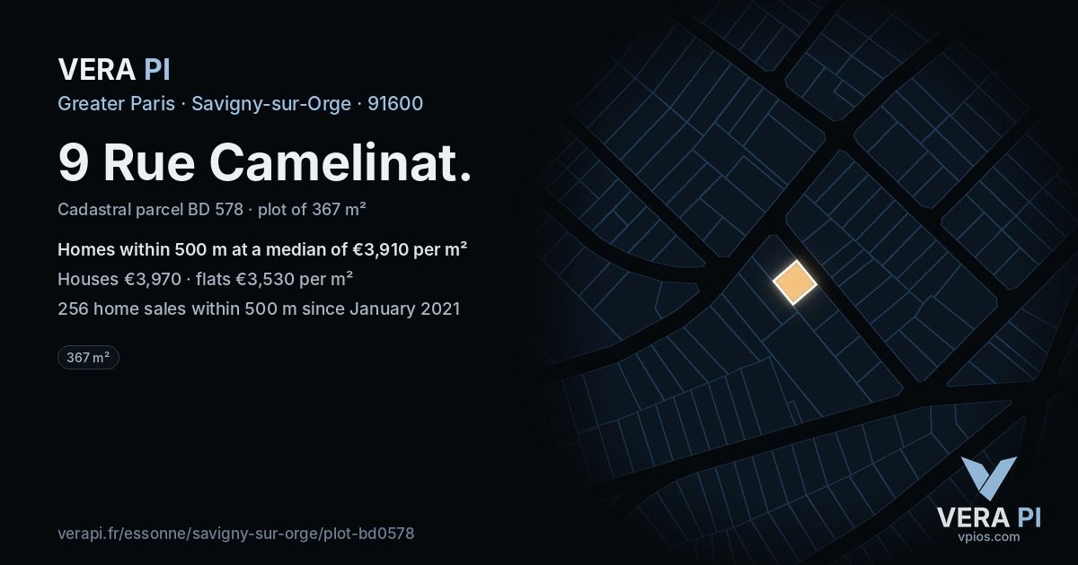 9 Rue Camelinat, Savigny-sur-Orge at night – the plot lit, the parcels around coloured by the prices near them