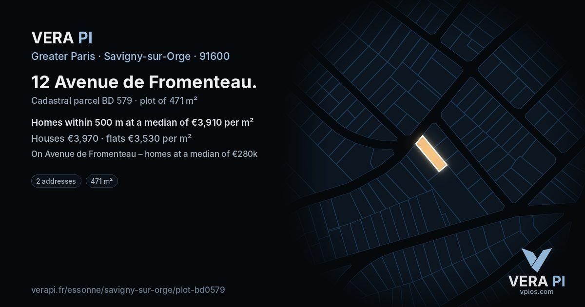 12 Avenue de Fromenteau, Savigny-sur-Orge at night – the plot lit, the parcels around coloured by the prices near them
