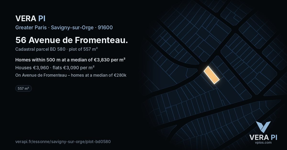 56 Avenue de Fromenteau, Savigny-sur-Orge at night – the plot lit, the parcels around coloured by the prices near them