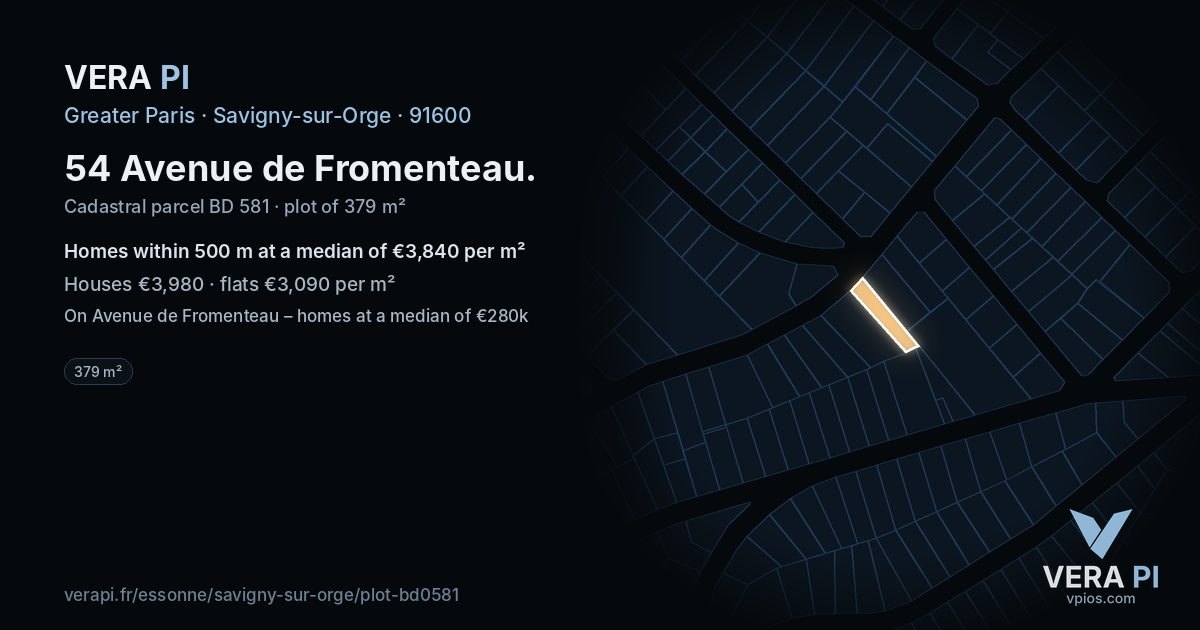 54 Avenue de Fromenteau, Savigny-sur-Orge at night – the plot lit, the parcels around coloured by the prices near them