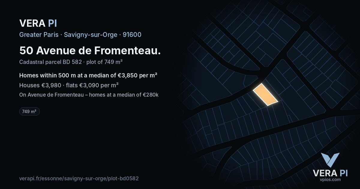 50 Avenue de Fromenteau, Savigny-sur-Orge at night – the plot lit, the parcels around coloured by the prices near them