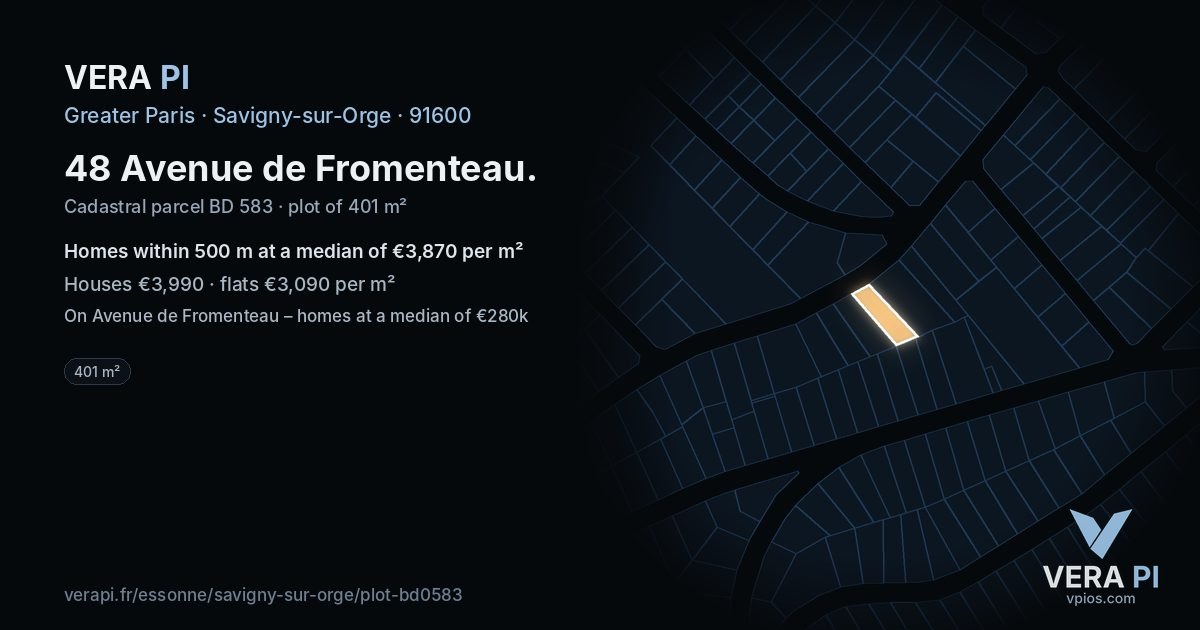 48 Avenue de Fromenteau, Savigny-sur-Orge at night – the plot lit, the parcels around coloured by the prices near them