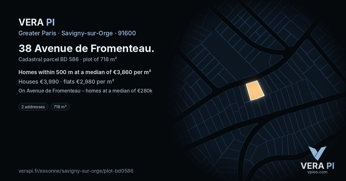 38 Avenue de Fromenteau, Savigny-sur-Orge at night – the plot lit, the parcels around coloured by the prices near them