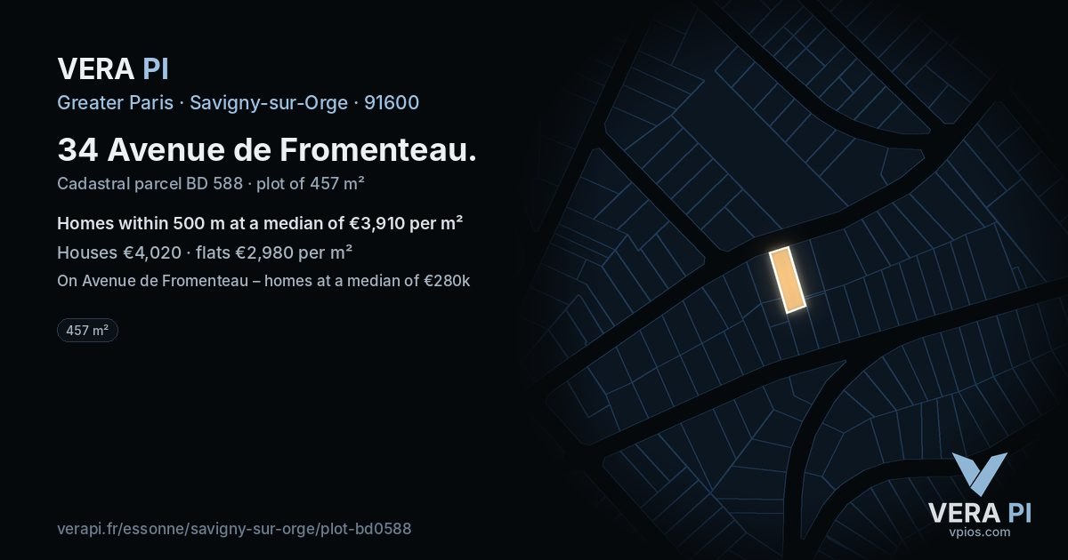 34 Avenue de Fromenteau, Savigny-sur-Orge at night – the plot lit, the parcels around coloured by the prices near them