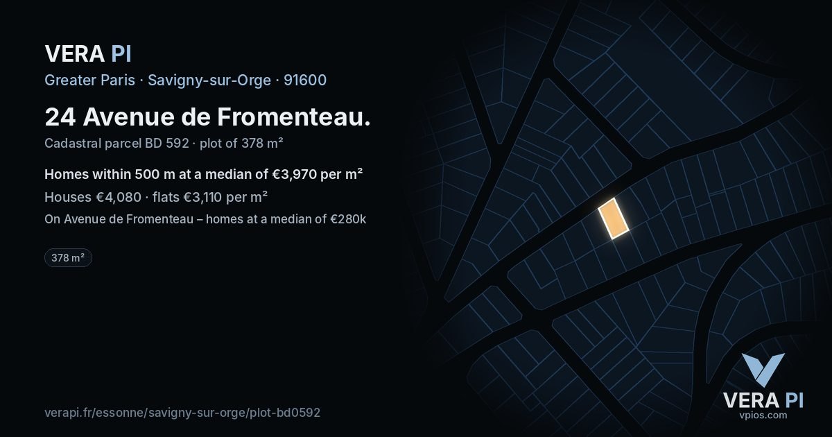 24 Avenue de Fromenteau, Savigny-sur-Orge at night – the plot lit, the parcels around coloured by the prices near them