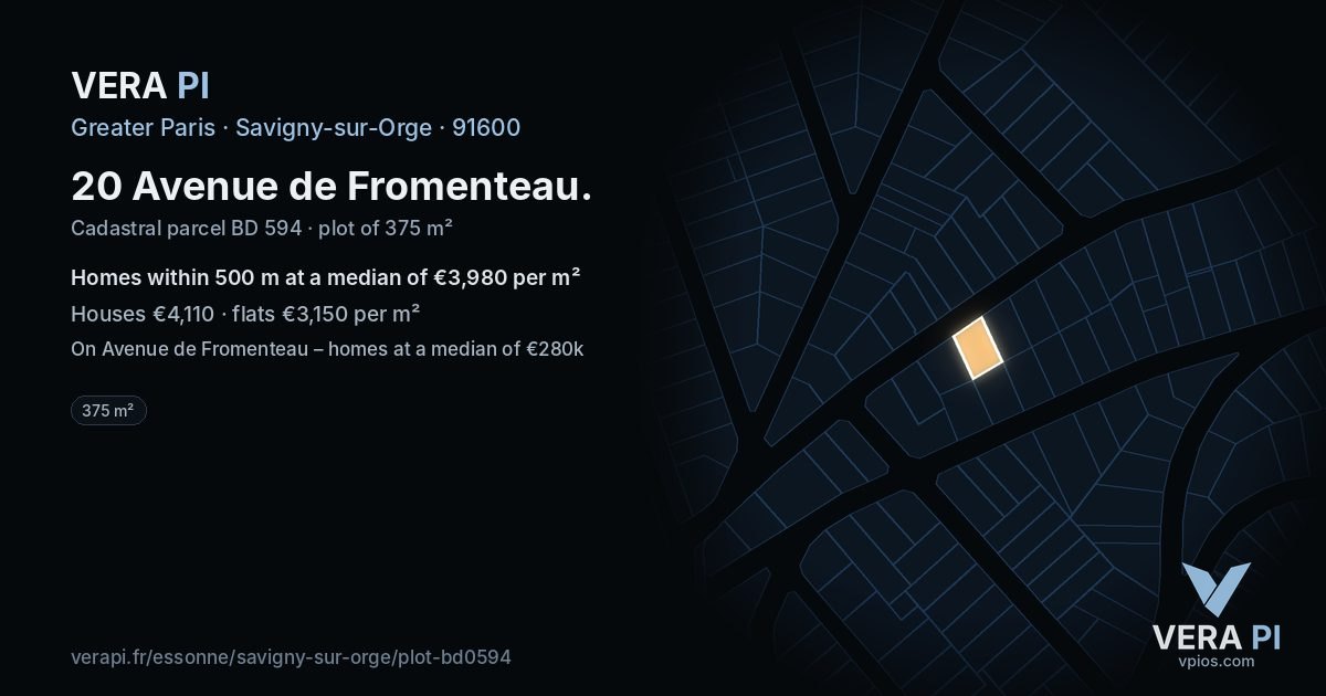 20 Avenue de Fromenteau, Savigny-sur-Orge at night – the plot lit, the parcels around coloured by the prices near them