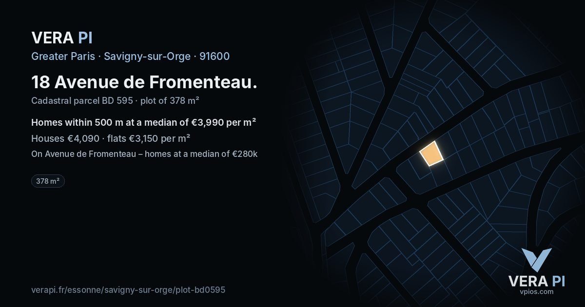 18 Avenue de Fromenteau, Savigny-sur-Orge at night – the plot lit, the parcels around coloured by the prices near them