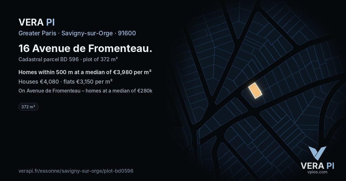 16 Avenue de Fromenteau, Savigny-sur-Orge at night – the plot lit, the parcels around coloured by the prices near them