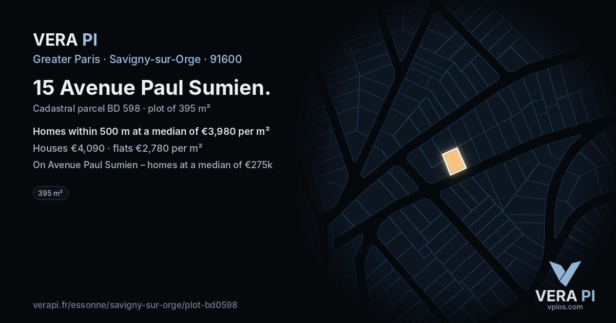 15 Avenue Paul Sumien, Savigny-sur-Orge at night – the plot lit, the parcels around coloured by the prices near them