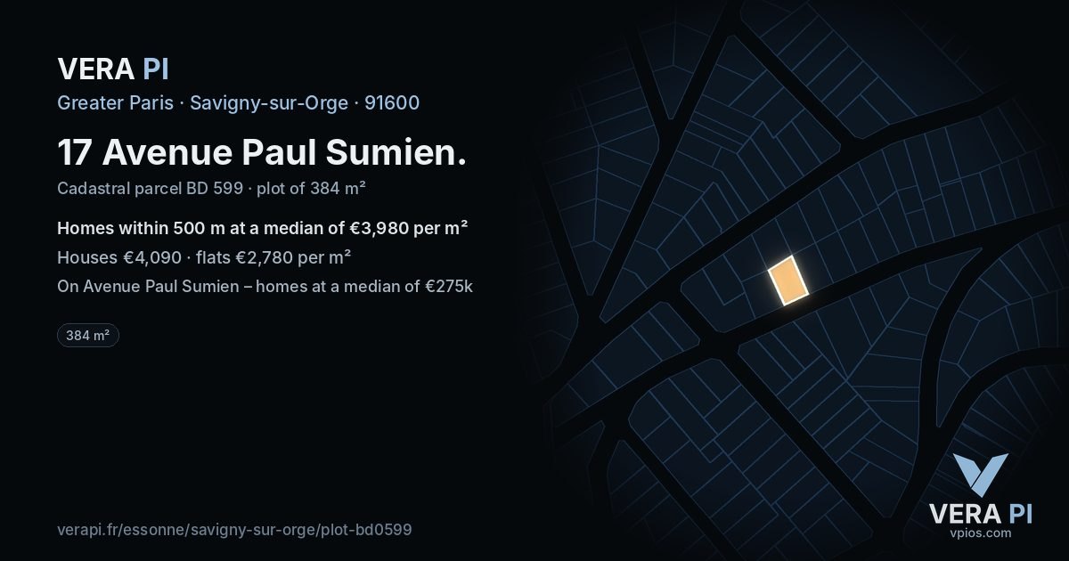 17 Avenue Paul Sumien, Savigny-sur-Orge at night – the plot lit, the parcels around coloured by the prices near them