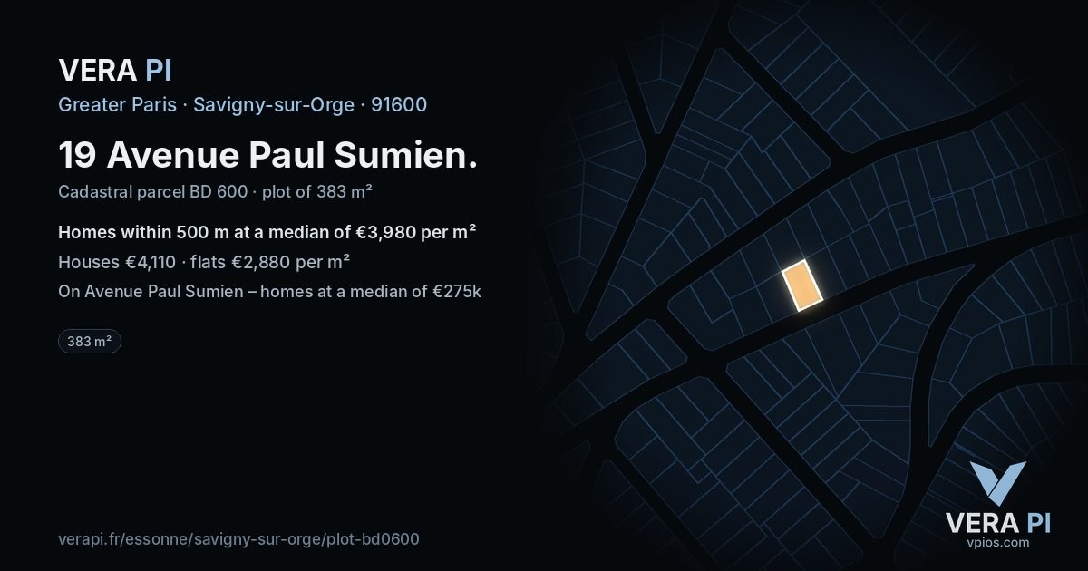 19 Avenue Paul Sumien, Savigny-sur-Orge at night – the plot lit, the parcels around coloured by the prices near them