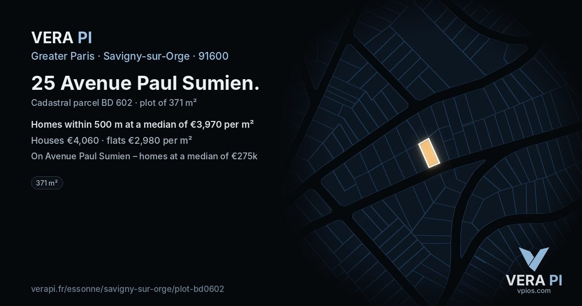 25 Avenue Paul Sumien, Savigny-sur-Orge at night – the plot lit, the parcels around coloured by the prices near them