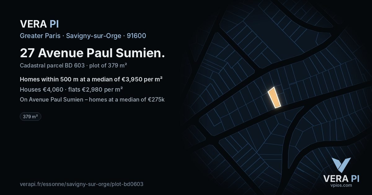 27 Avenue Paul Sumien, Savigny-sur-Orge at night – the plot lit, the parcels around coloured by the prices near them