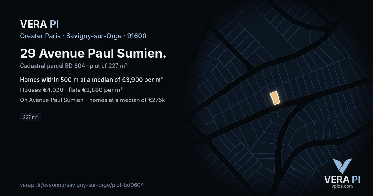 29 Avenue Paul Sumien, Savigny-sur-Orge at night – the plot lit, the parcels around coloured by the prices near them