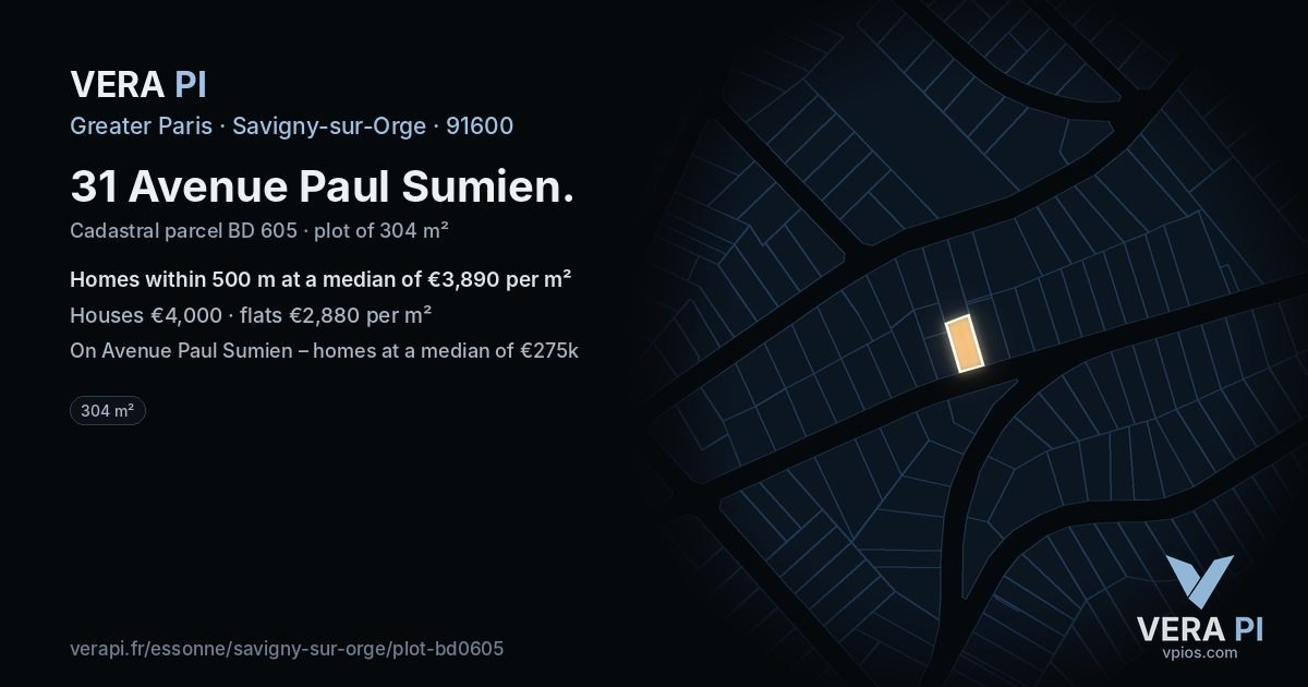 31 Avenue Paul Sumien, Savigny-sur-Orge at night – the plot lit, the parcels around coloured by the prices near them